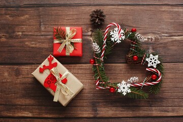 Christmas handmade wreath on beautiful background. Top view holiday photography