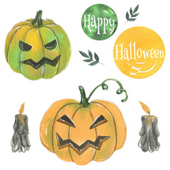 Watercolor pumpkins and candles