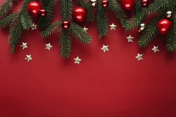 Beautiful Christmas red background, top view photography