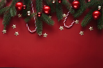 Beautiful Christmas red background, top view photography