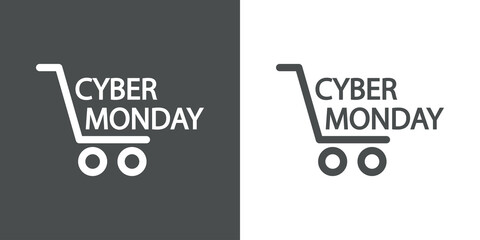 Logotipo con texto Cyber Monday con silueta de carrito de la compra con lineas en fondo gris y fondo banco