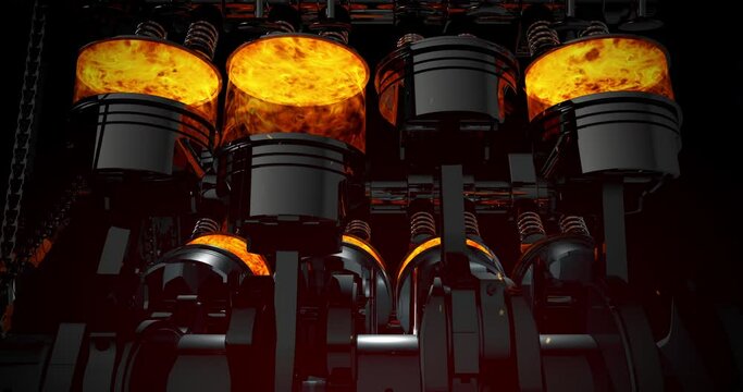 V8 Engine Pistons Moving Up And Down. Crankshaft In Motion. Perfect Loop. Machines And Industry Related 4K 3D Animation.