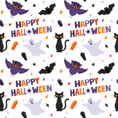 Halloween seamless pattern with ghosts, owls, a cat and Happy Halloween words. Flat cartoon elements on a white background. Color backdrop for packaging. Purple, orange colors. Vector illustration.