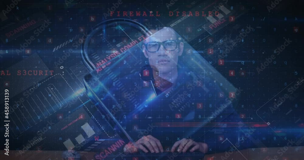 Poster animation of changing numbers and letters over online security padlock and man using computer