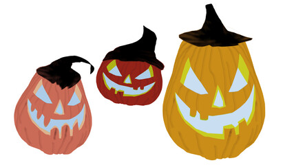 Drei gruselige Halloweenkürbisse: schaurige Kürbisköpfe mit Hut als Illustration.
