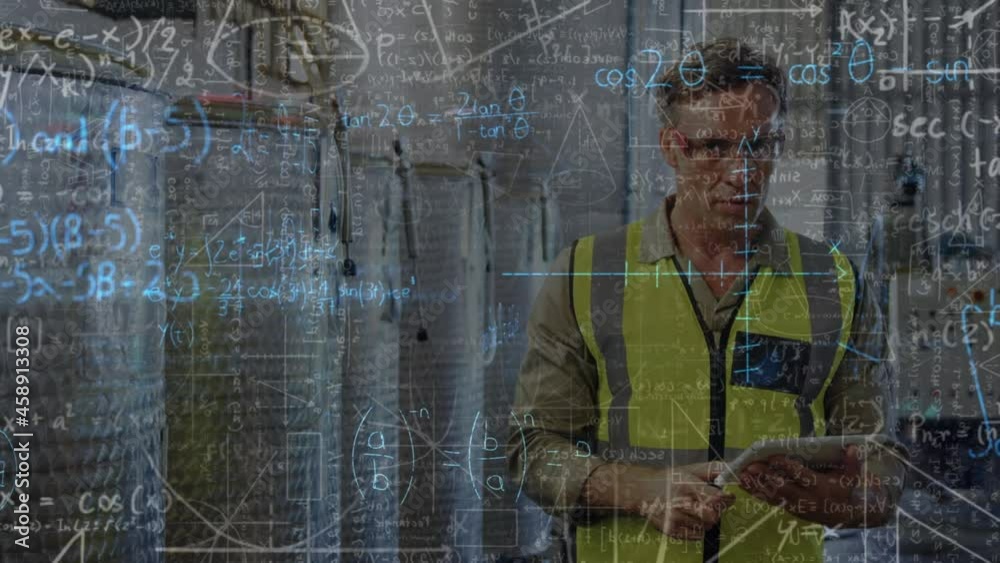 Poster animation of moving math formulas and data processing over man using tablet