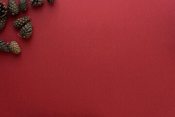 Christmas composition. Spruce cones on a red background. Flat lay, top view, space for text