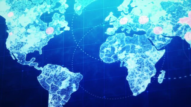 Abstract background moving blurred world map with copyspace for cyber and futuristic concept, with dark and grain processed