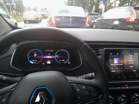 New Renault Zoe electric car interior. Steering wheel with control buttons. Bucharest, Romania, 2021