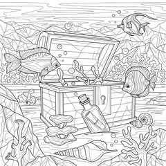 Underwater world. 
Chest and fish. Coloring book antistress for children and adults. Illustration isolated on white background.Zen-tangle style. Hand draw