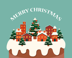 Cute Christmas town greeting card template. Flat vector cartoon design