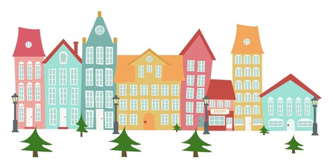 Cute sbanner with houses in Scandinavian, Nordic style. Pretty background for kids collection. illustration. Trendy style