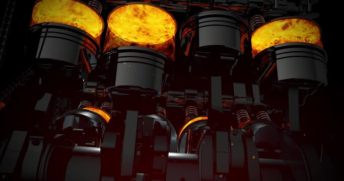 Close Up V8 Engine Animation With Sparks, Explosions And Flames. Perfect Loop. Machines And Industry Related 4K 3D Animation.