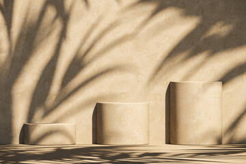 Obraz na płótnie Canvas Three beige podium on sunshade and plants shadows on wall, abstract background for product presentation or ads. 3d rendering