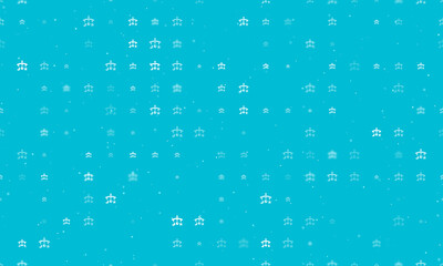 Seamless background pattern of evenly spaced white baby mobiles of different sizes and opacity. Vector illustration on cyan background with stars