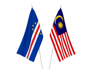 Fototapeta na wymiar National fabric flags of Malaysia and Republic of Cabo Verde isolated on white background. 3d rendering illustration.