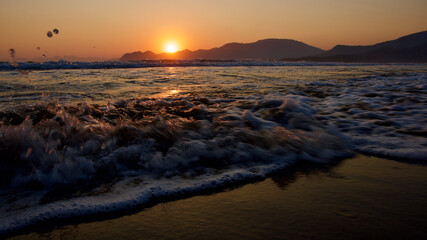 Spawning place of Caretta Caretta turtles: Iztuzu beach. Golden sun rays reflecting off the sea at...