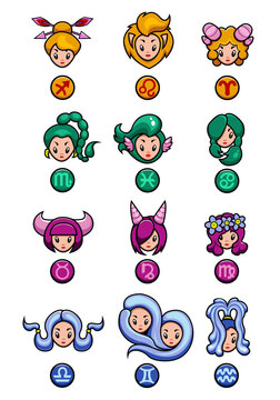 a set of stickers with zodiac signs. funny faces of fantasy characters. girls are signs of the zodiac. cartoon horoscope. vector illustration