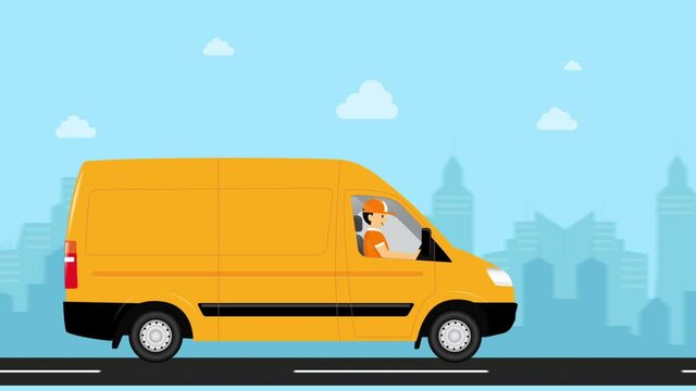 Animation of the man driving a van for delivery, with the city background, for delivery and online application service concept, mobile phone and delivery van
