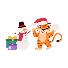 Cheerful tiger with a snowman and gifts. The symbol of the Chinese New Year. Cartoon animal. Eastern calendar for 2022. Chinese horoscope. Vector illustration.