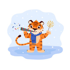 Cheerful tiger with confetti and sparkler. The symbol of the Chinese New Year. Cartoon animal. Eastern calendar for 2022. Chinese horoscope. Vector illustration.