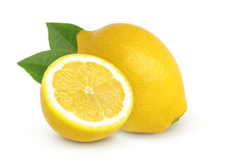 Lemon and slices with leaves isolated on white background, Fresh and Juicy Lemon.
