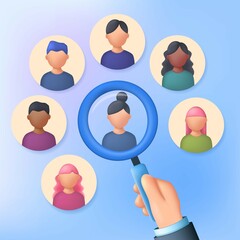 HR 3d vector illustration. Head hunter job with magnifying glass.
