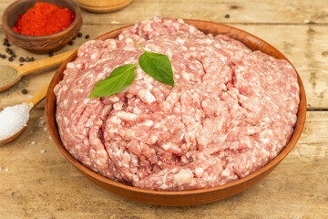 Raw minced meat. Ground pork with spices