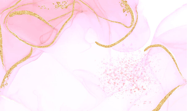 Liquid marble painting background design with gold lines and gold glitter dust texture. Pink or Rose gold foil marble decoration luxury design for wedding, invitation, web banner, greeting card.Vector
