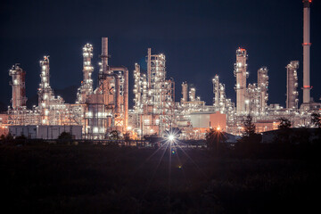 Night scene of oil refinery plant and power plant of Petrochemistry industry