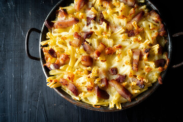 pan of rustic italian american baked cheesy ziti pasta