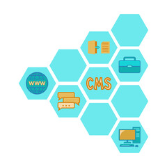 Cartoon colorful pattern of cms elements. Hexagon arrow point left