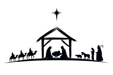 Nativity scene silhouette Jesus in manger, shepherd and wise men. Christmas story Mary Joseph and baby Jesus in nursery. The birth of Christ with Bethlehem star, vector illustration - obrazy, fototapety, plakaty