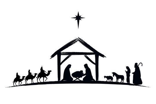 Nativity scene silhouette Jesus in manger, shepherd and wise men. Christmas story Mary Joseph and baby Jesus in nursery. The birth of Christ with Bethlehem star, vector illustration