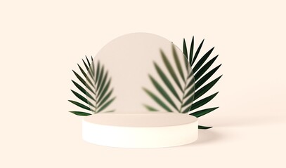 3d background with marble pedestal. Round frosted glass frame with plumber's sheets. showcase cosmetics products.