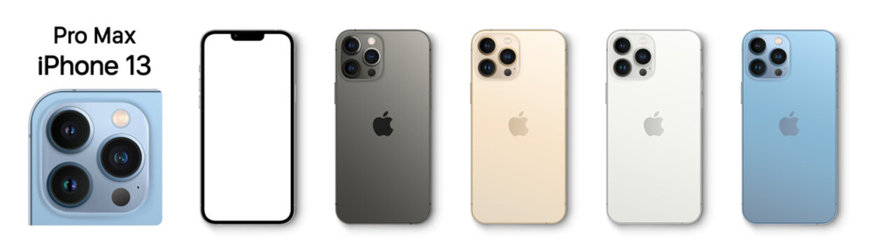 Realistic iPhone 13 Pro Max. Smartphone mockup Graphite, Gold, Silver, Sierra Blue. Models smartphone with transparent screens. 3D mobile phone with shadow on white background - stock vector.