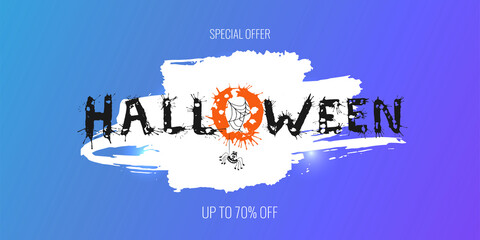 Happy Halloween lettering on brush stroke background. Greeting card  calligraphy with spiders and web for holiday banner, poster or invitation greeting card, sale placard, flyer.  Vector illustration