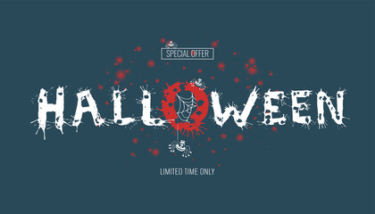 Fototapeta premium Happy Halloween lettering with splash. Greeting card calligraphy with spiders and web for holiday banner, poster or invitation greeting card, sale placard or flyer. Vector illustration