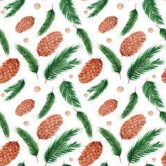 Festive watercolor pattern with green spruce branches, fir cones, beige dots on a white background. Pattern for Christmas, New Year, Winter Holidays, etc.