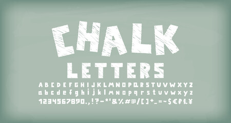 White chalk font, square shape uppercase and lowercase letters, numbers, punctuation marks, symbols. Green chalkboard background