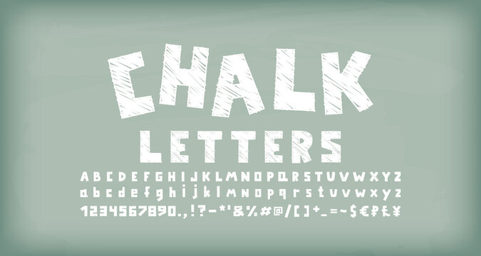 White chalk font, square shape uppercase and lowercase letters, numbers, punctuation marks, symbols. Green chalkboard background