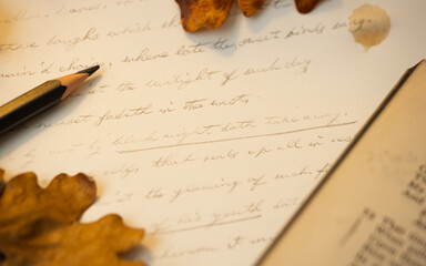 Dark academia aesthetic handwriting with Shakespeare sonnets surrounded by fallen autumn leaves  - obrazy, fototapety, plakaty