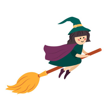 Cute funny Witch flying on a Broomstick .  Cute  illustration, isolated on white. Halloween concept. Good for web  and print.