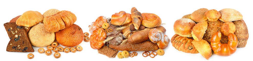 fresh bread products isolated on white background. Collage.