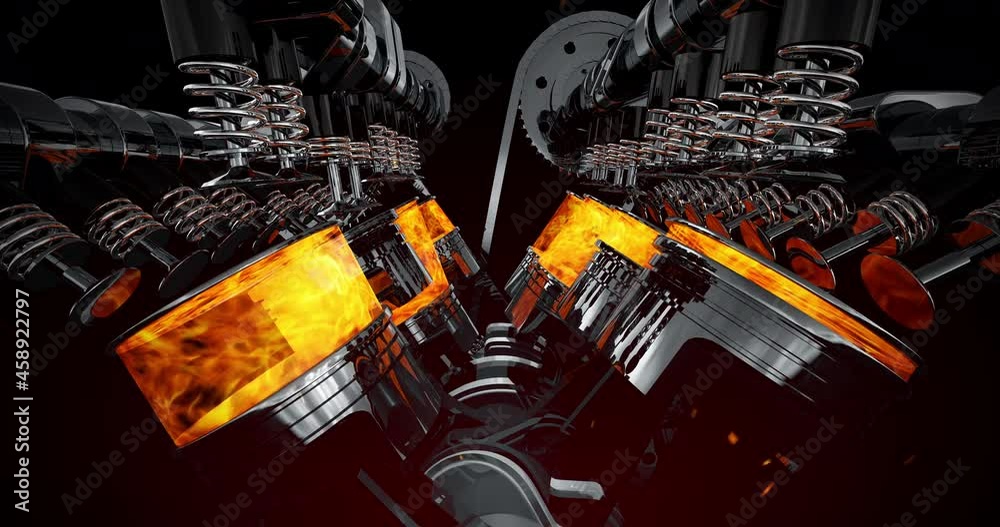 Aufkleber Power Hungry Working V8 Engine Animation. Explosions And Sparks. Perfect Loop. Machines And Industry Related 4K 3D Animation.