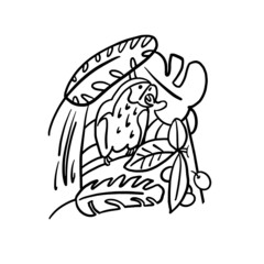 Cute parrot hand drawn contour vector illustration for design. Adorable character with leaves for posters. T-shirt design concept for lettering and printing.