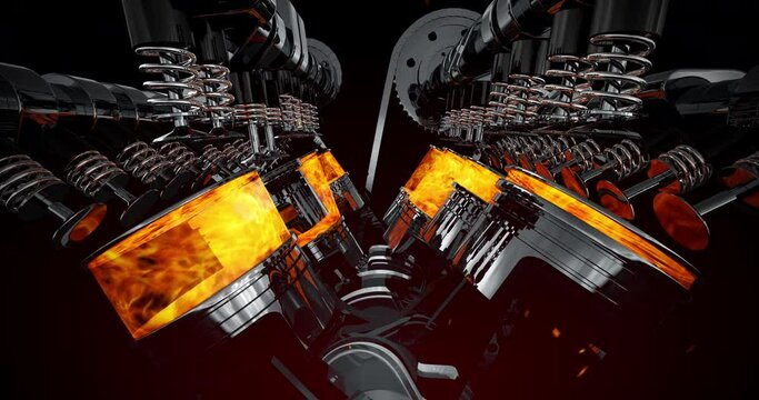 Power Hungry Working V8 Engine Animation. Explosions And Sparks. Perfect Loop. Machines And Industry Related 4K 3D Animation.