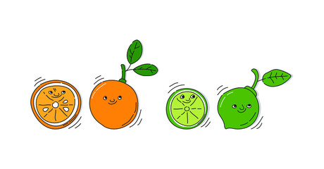 Orange and lime fruit with smile on white background. Whole citrus fetus and its half. Cartoon sketch. Freehand doodle style with black contour line. Cute hand drawn bottle. Party drinks concept