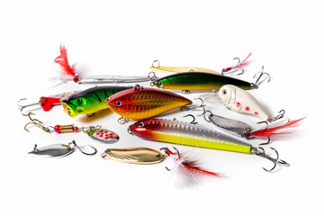 variety of fishing lures isolated on white background