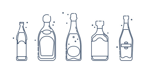 Bottle beer tequila champagne rum martini line art in flat style. Restaurant alcoholic illustration for celebration design. Design contour element. Beverage outline icon. Isolated on white backdrop.